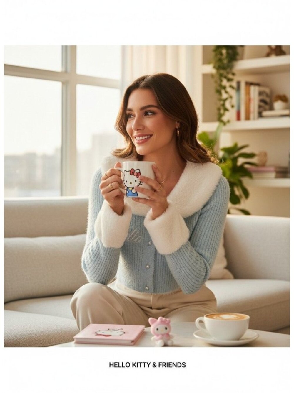 Hello Kitty & Friends Forever 21 Blue Knit Cardigan With Faux Fur Collar & Cuff